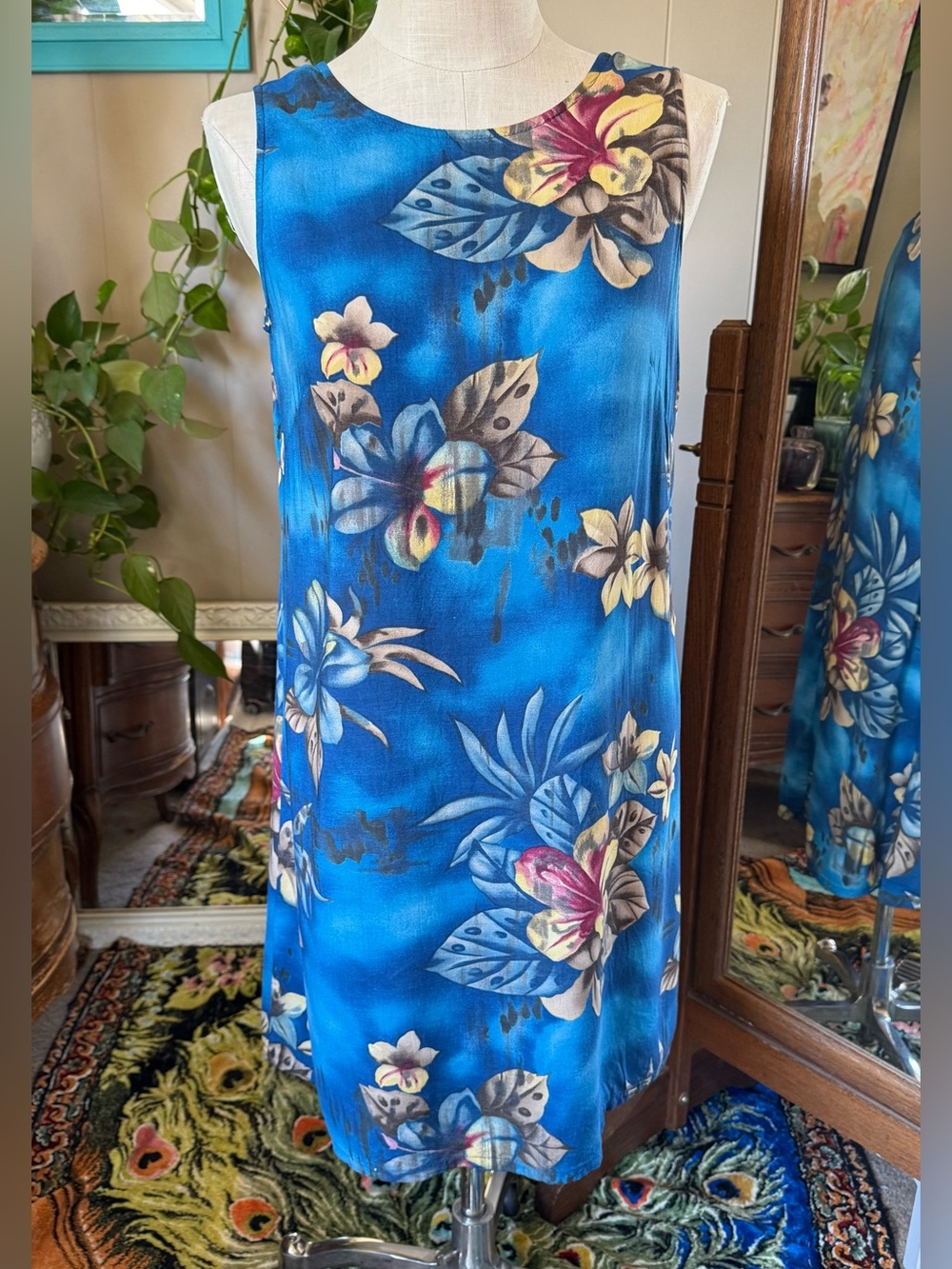 Hilo Hattie Blue Tropical Floral Sleeveless A-Line Dress, size M